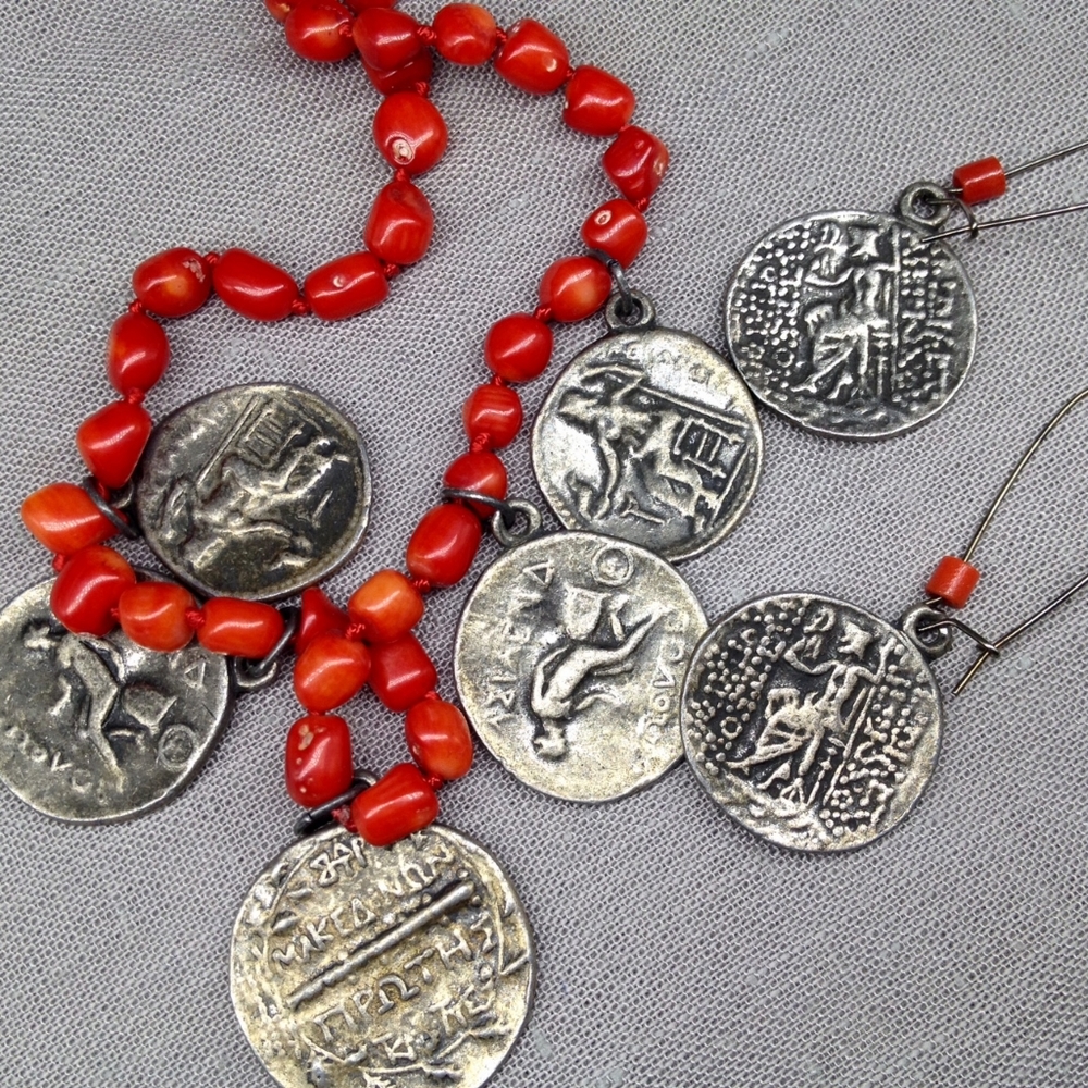 Vintage Coral & Greek Coin Necklace & Earrings Set - Picture 9 of 11